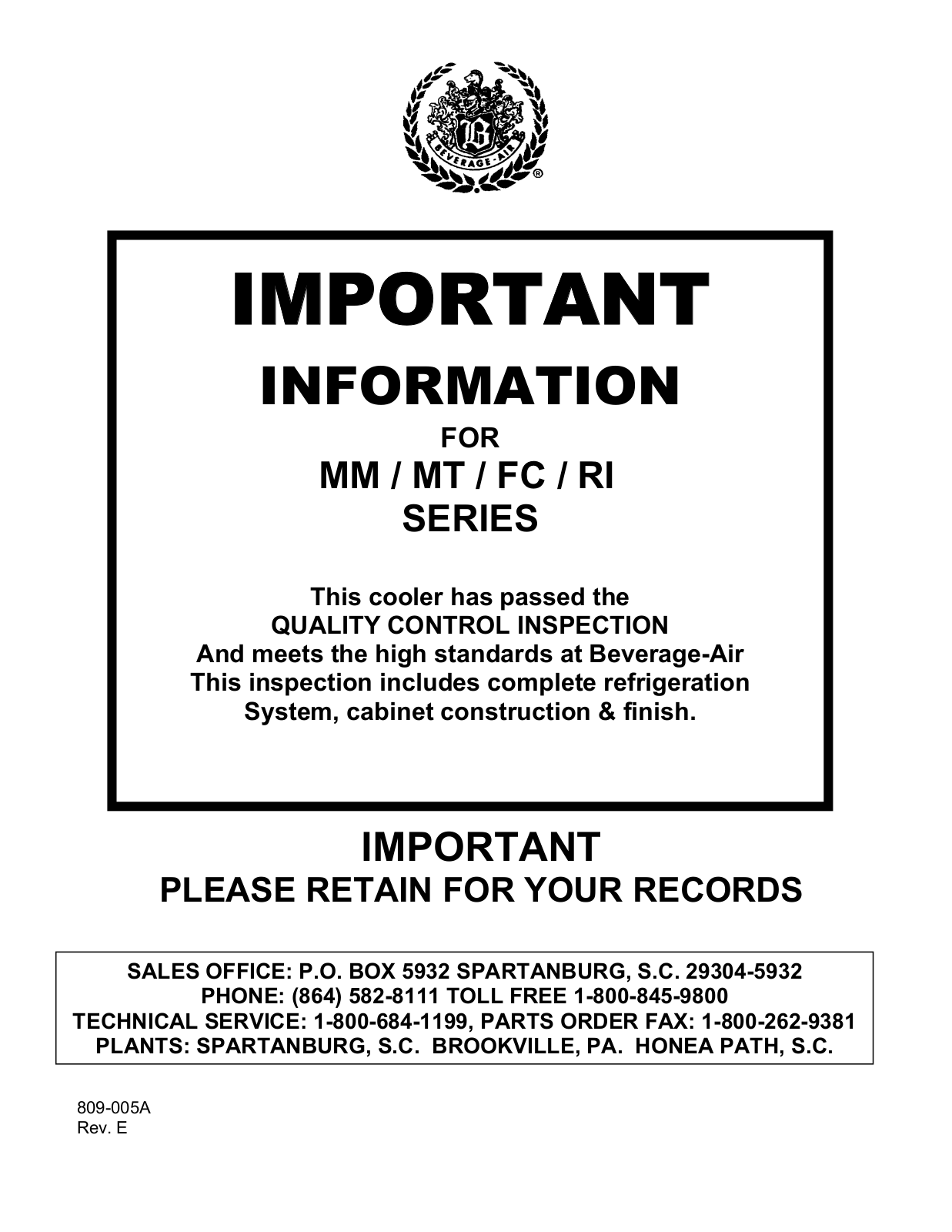 Beverage-Air MMF491BLED, MMF725BLED, MMF271WLED, MMF271BLED, MMF231BLED User Manual