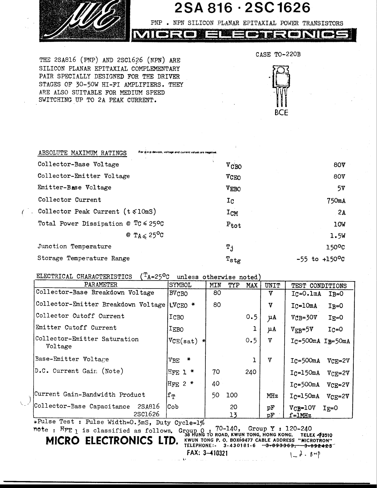 ME 2SC1626, 2SA816 Datasheet