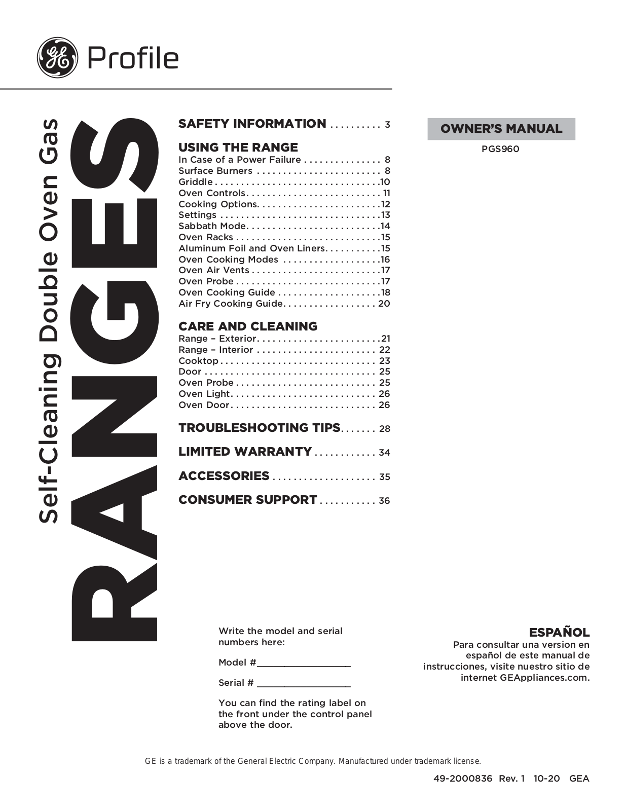 GE PGS960 Owner’s Manual