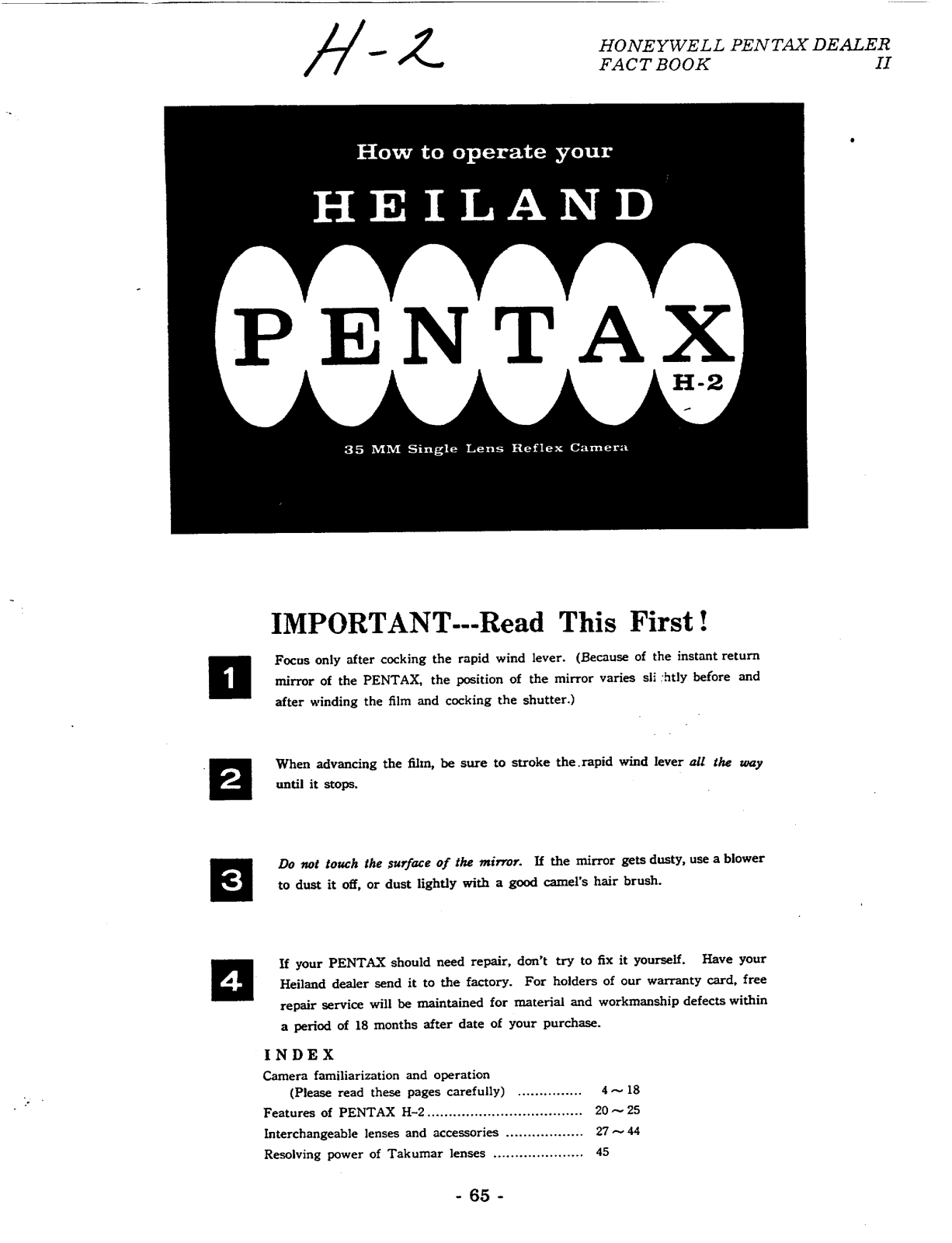 Pentax H-2 Instruction Manual