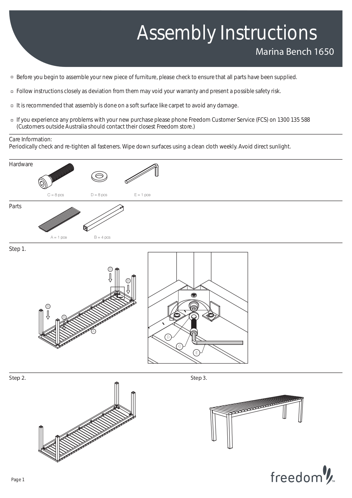 Freedom Marina Bench 1650 Assembly Instruction