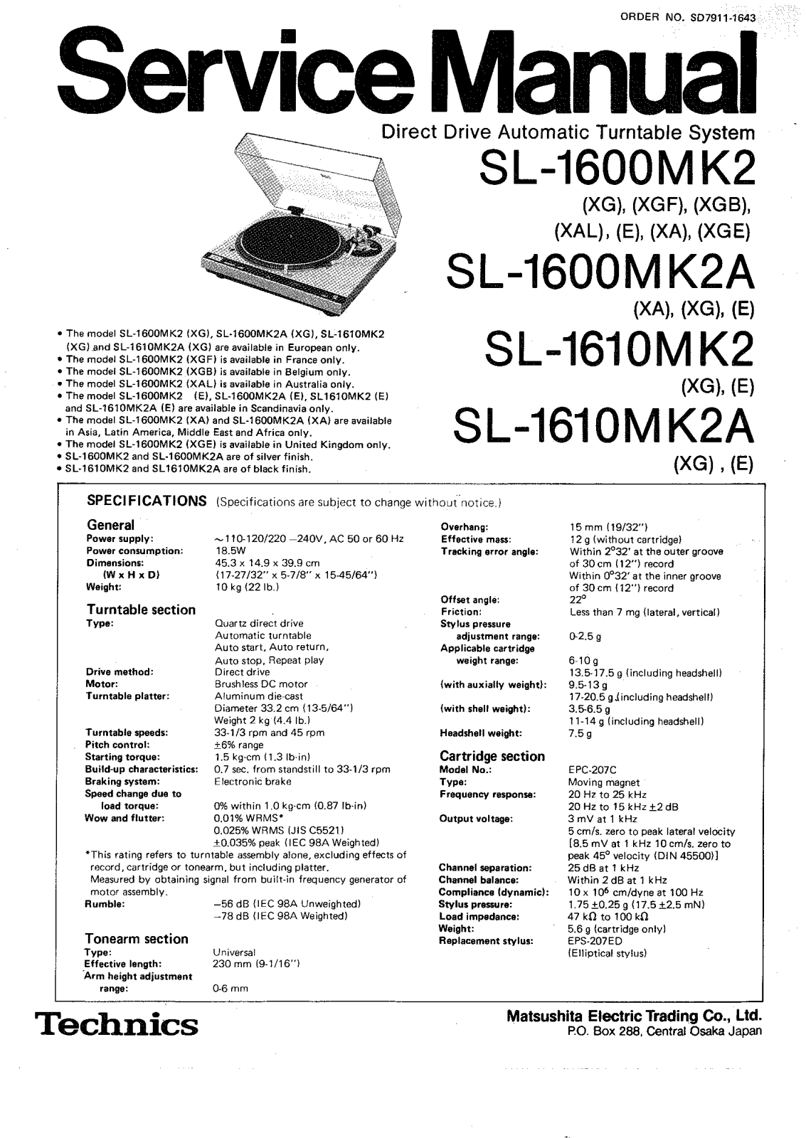 Technics SL-1610 Mk2 A Service manual