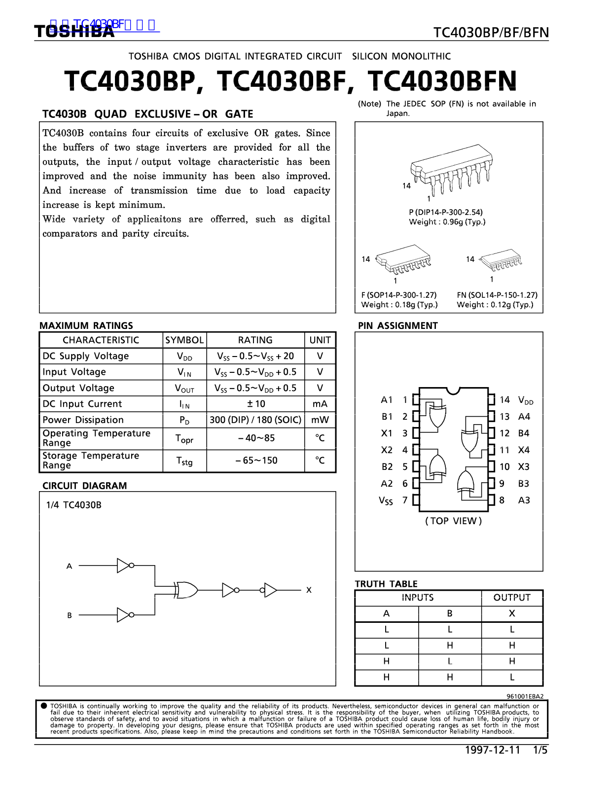 TOSHIBA TC4030BP, TC4030BF, TC4030BFN Technical data