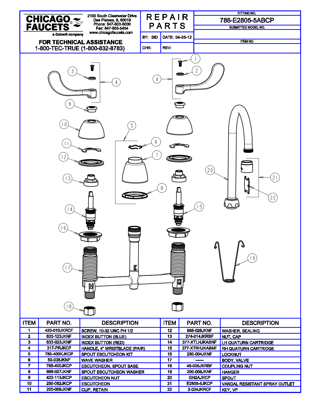 Chicago Faucet 786-E2805-5AB Parts List