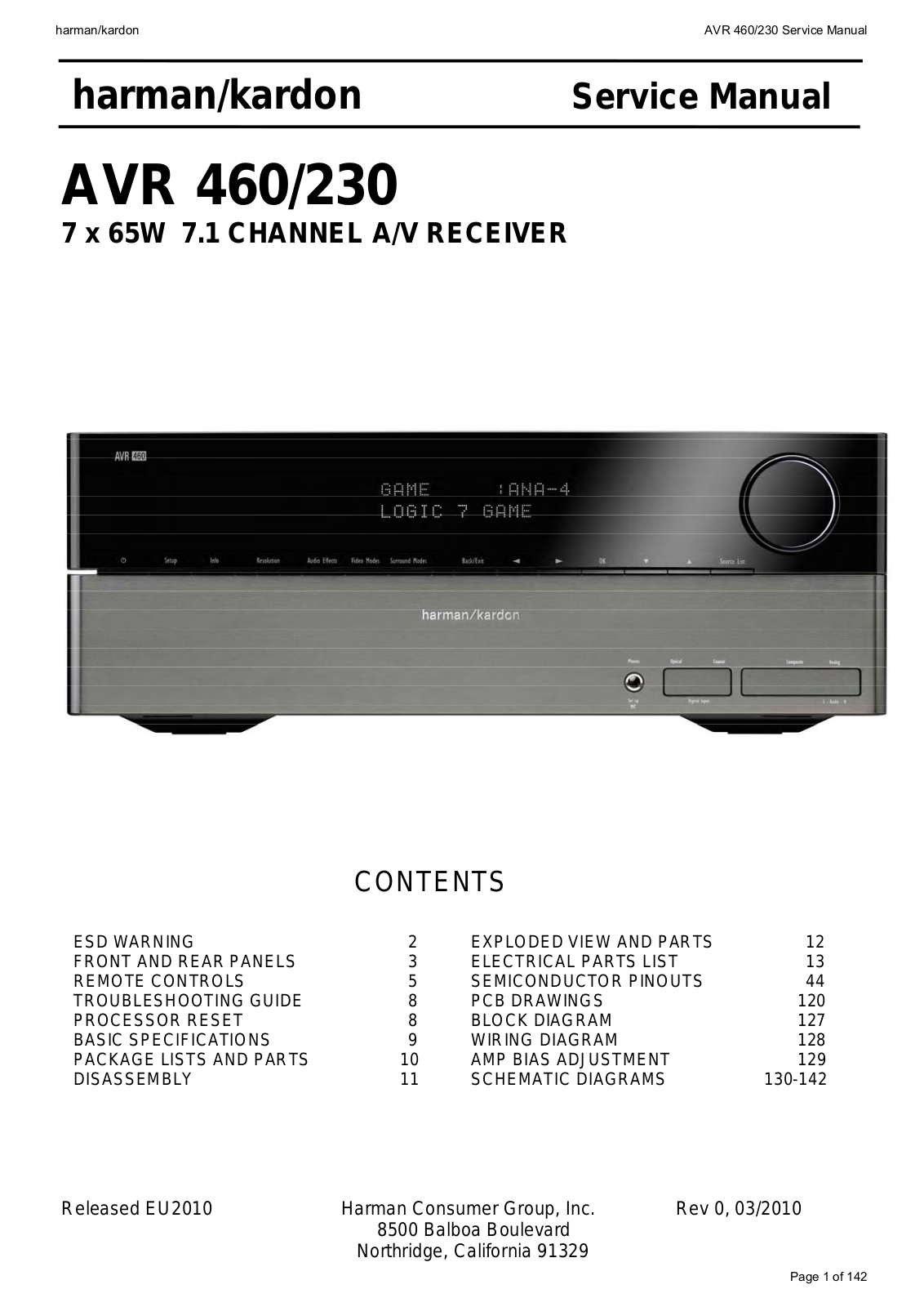 Harman Kardon AVR-460-230 Service Manual