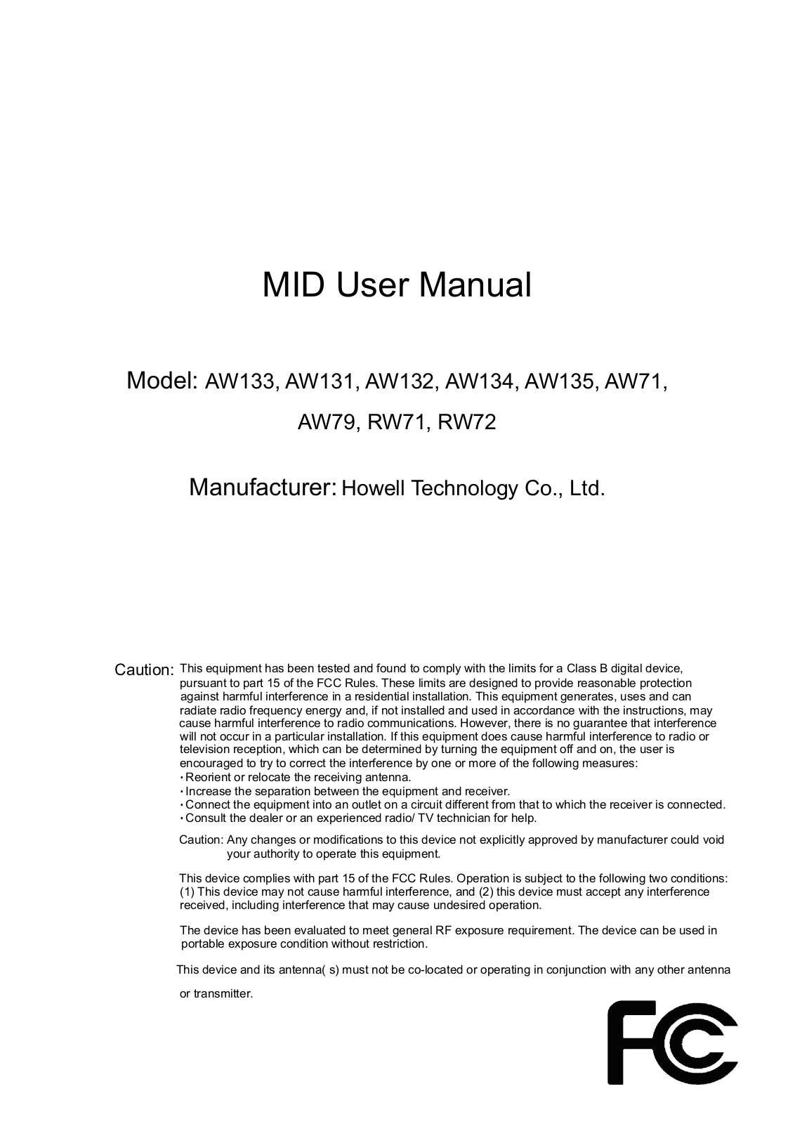 Howell Technology AW133, AW132, AW131, AW71, AW135 User Manual