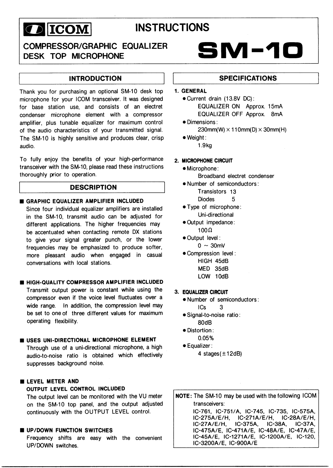 Icom SM-10 User Manual