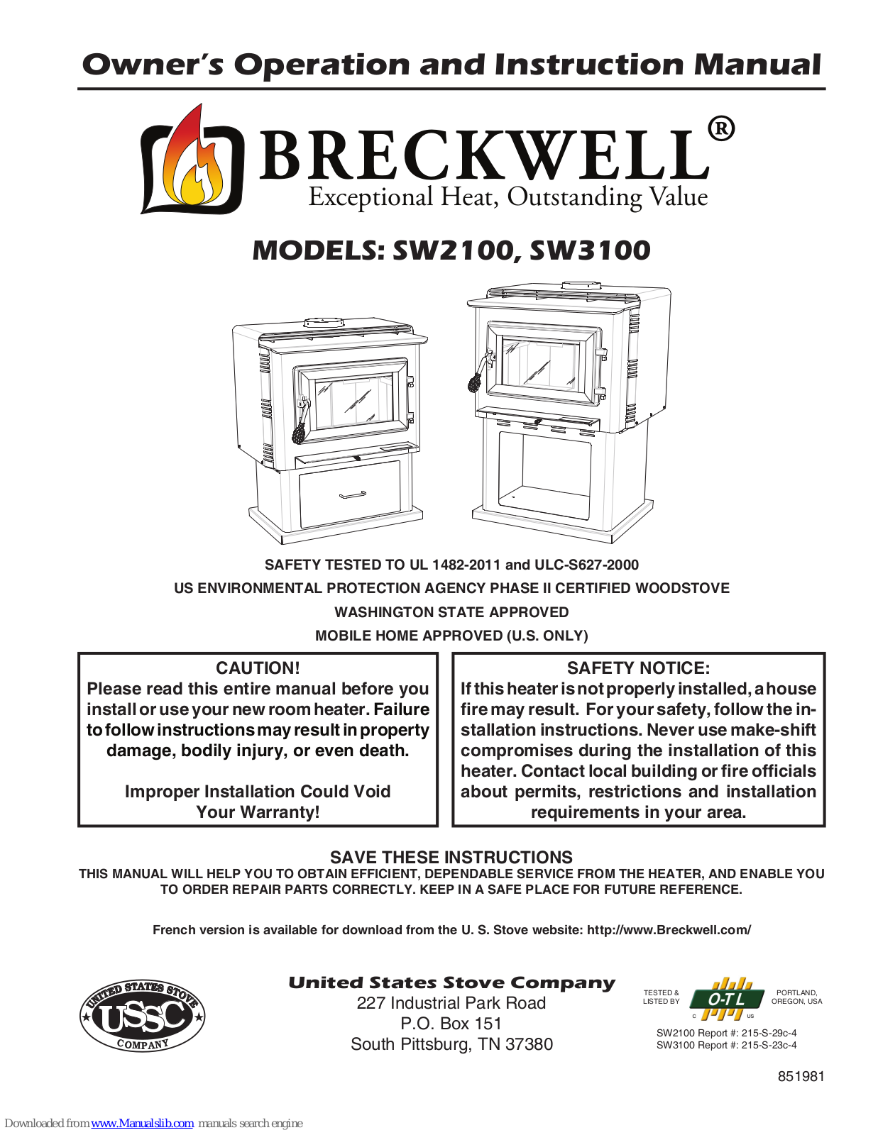 Breckwell SW2100, SW3100 Owner's Operation And Instruction Manual