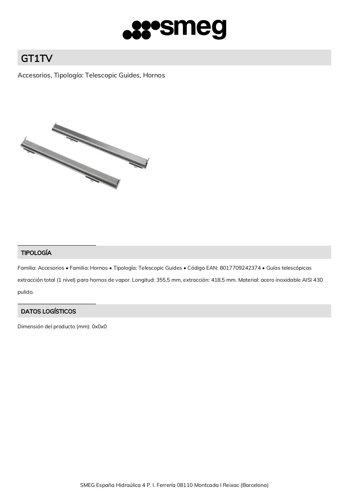 Smeg GT1TV Product Information Sheet