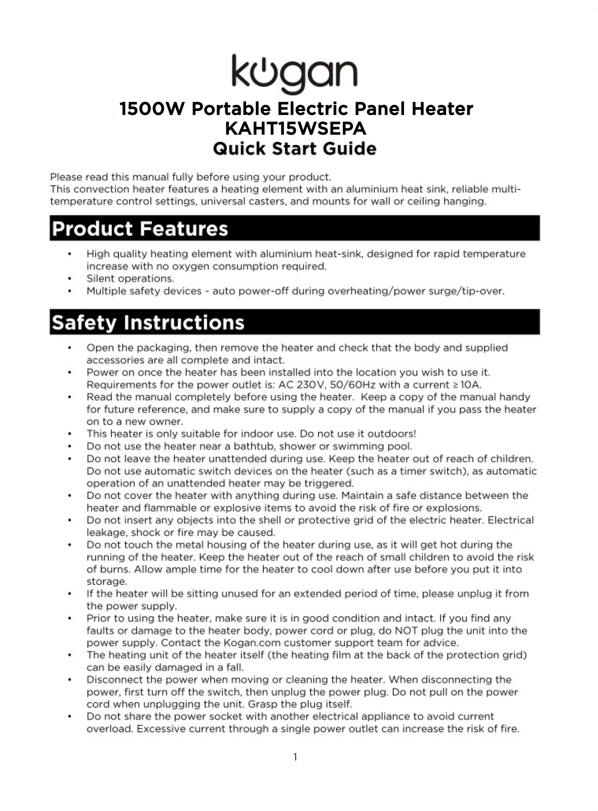 Kogan KAHT15WSEPA Quick Start Guide