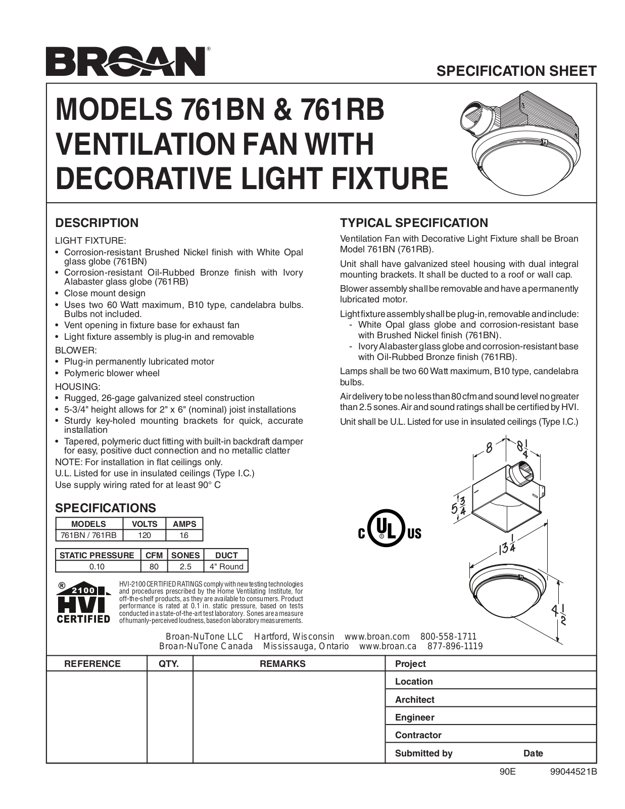 Broan 761bn, 761rb Specification Data