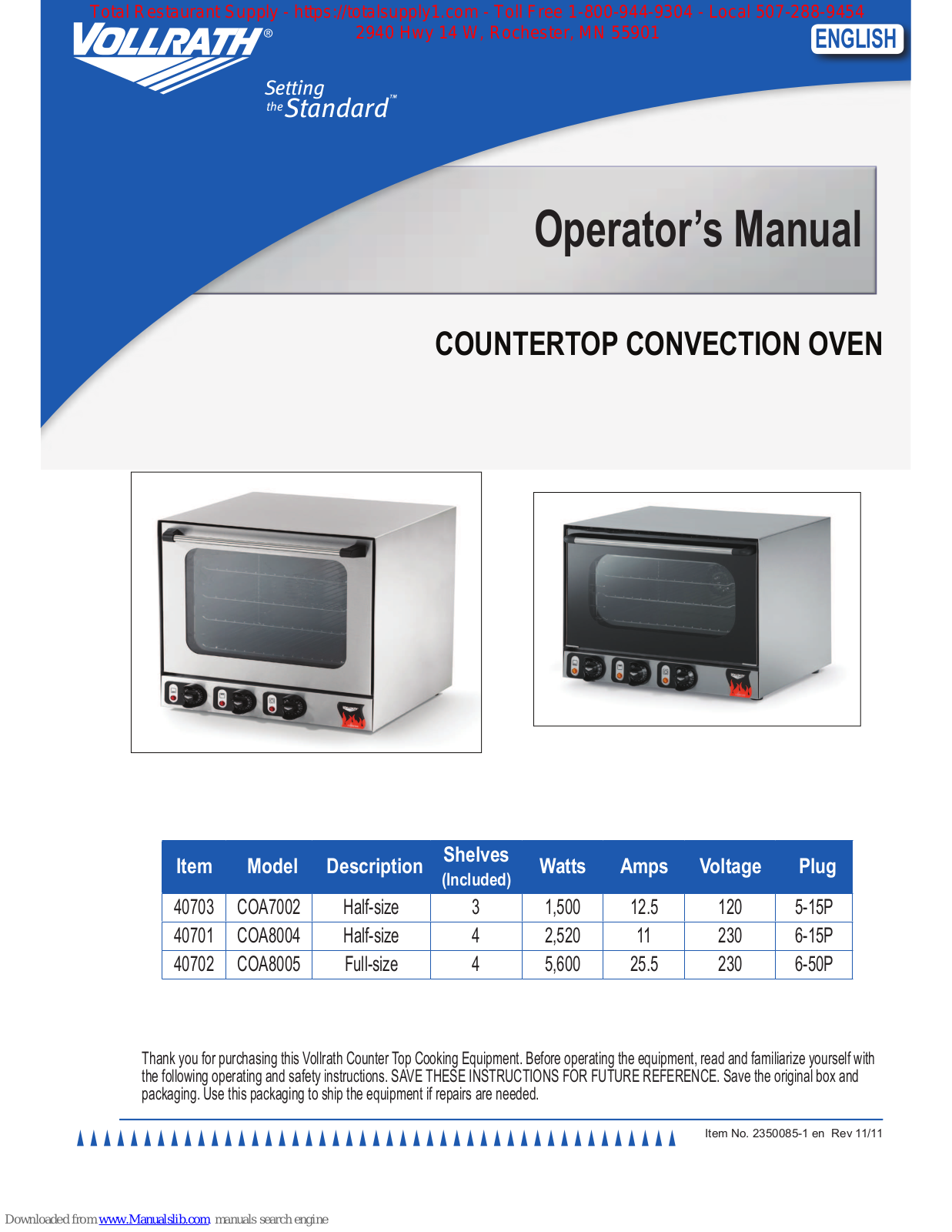 Vollrath COA7002, COA8004, COA8005 Operator's Manual