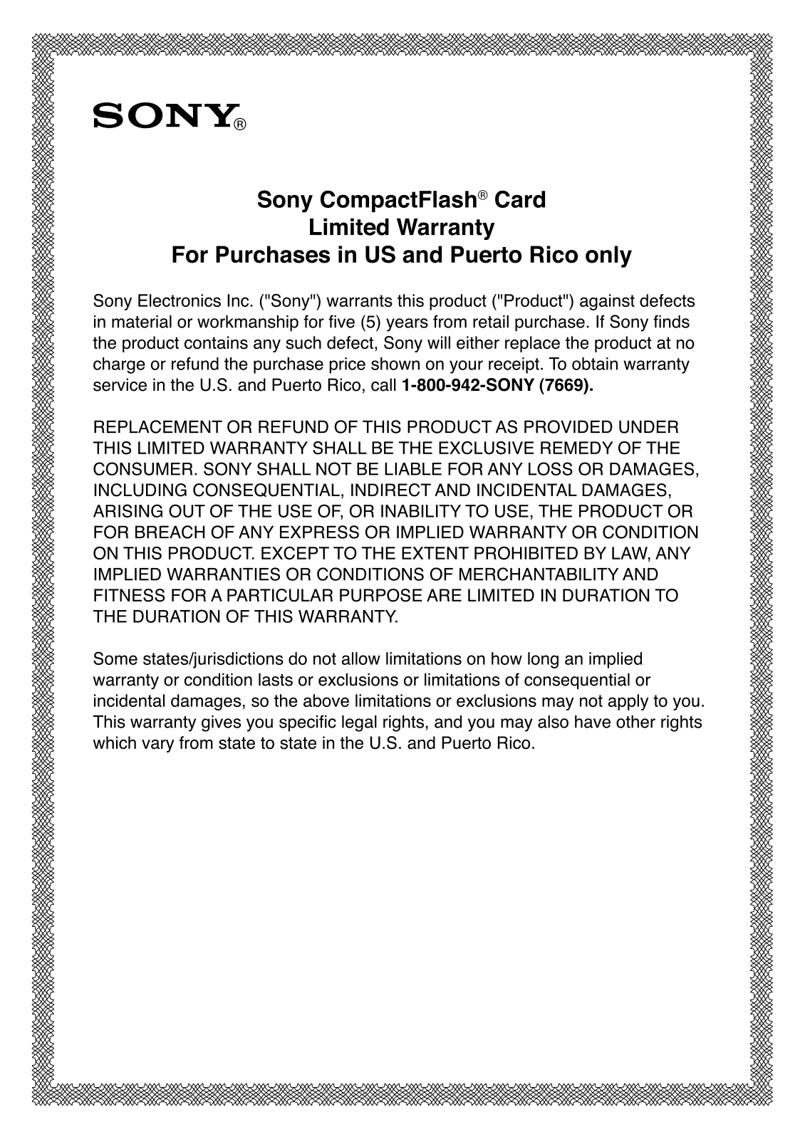 Sony NCF-D2G, NCF-D4G, NCF-D8G, NCF-C2G, NCF-B1G Limited Warranty