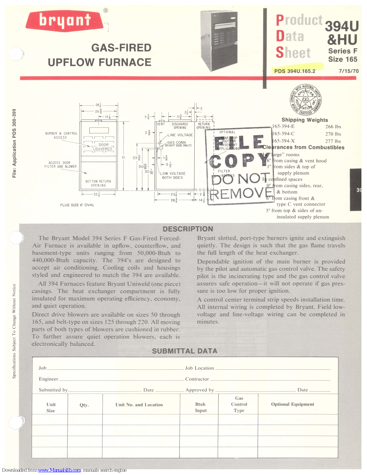 Bryant 394U, 394HU Product Data Sheet