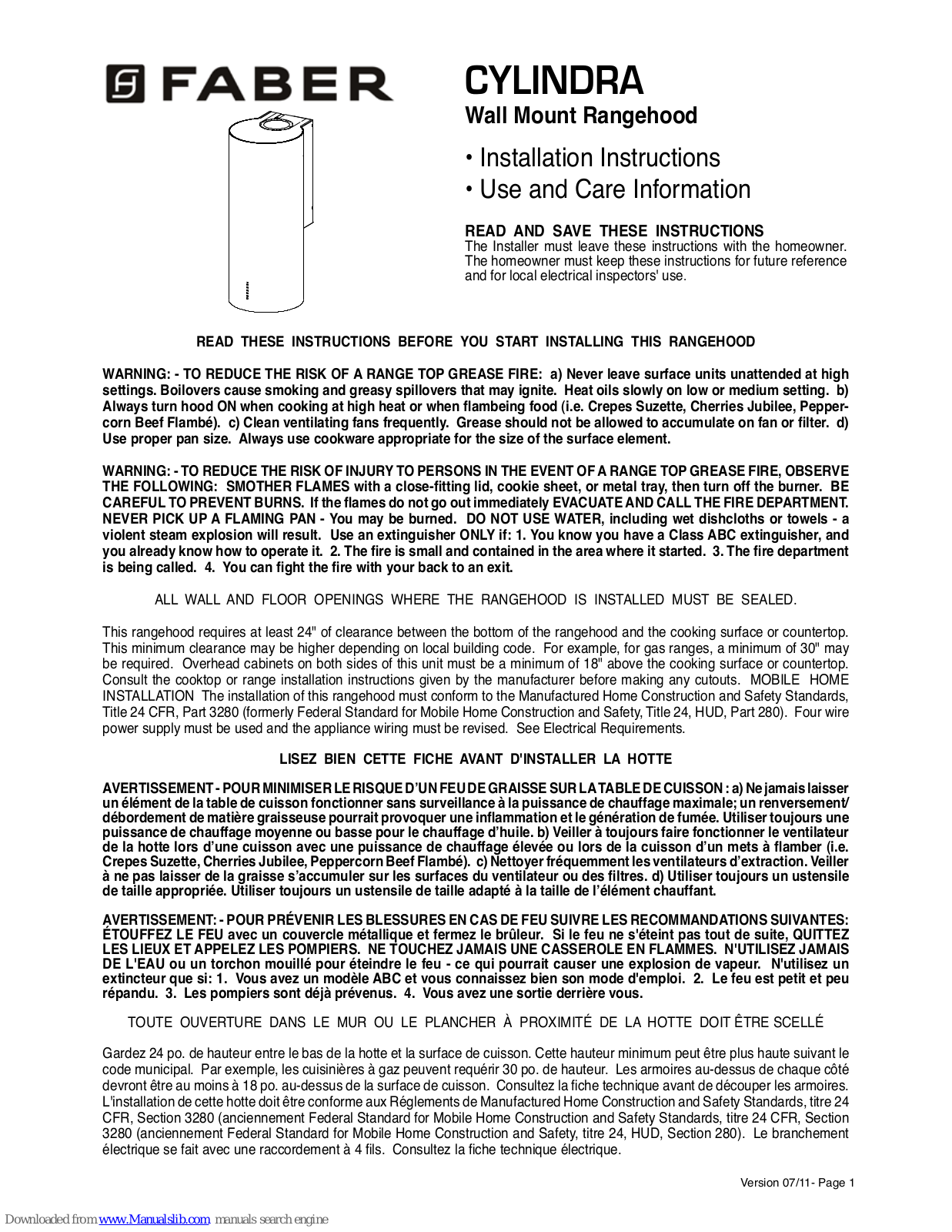 Faber Cylindra Installation Instructions Manual