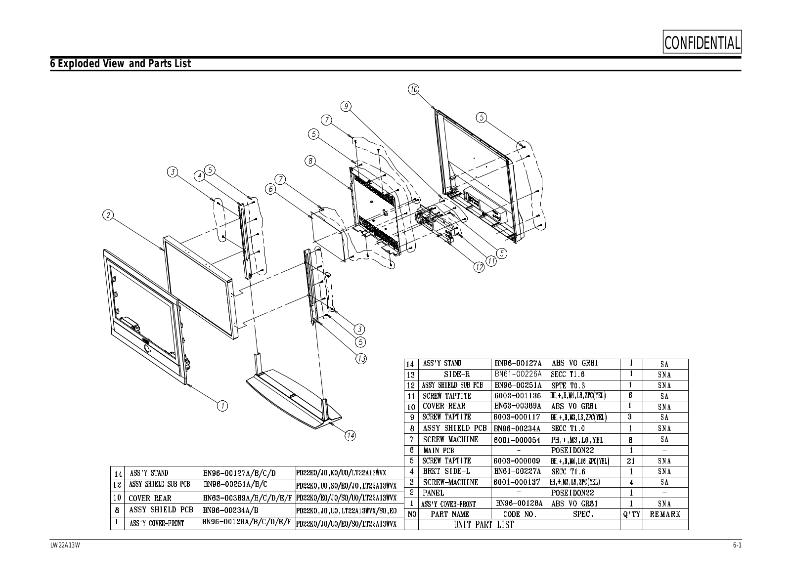 Samsung LW22A13WX Exploded View & Part List E 10