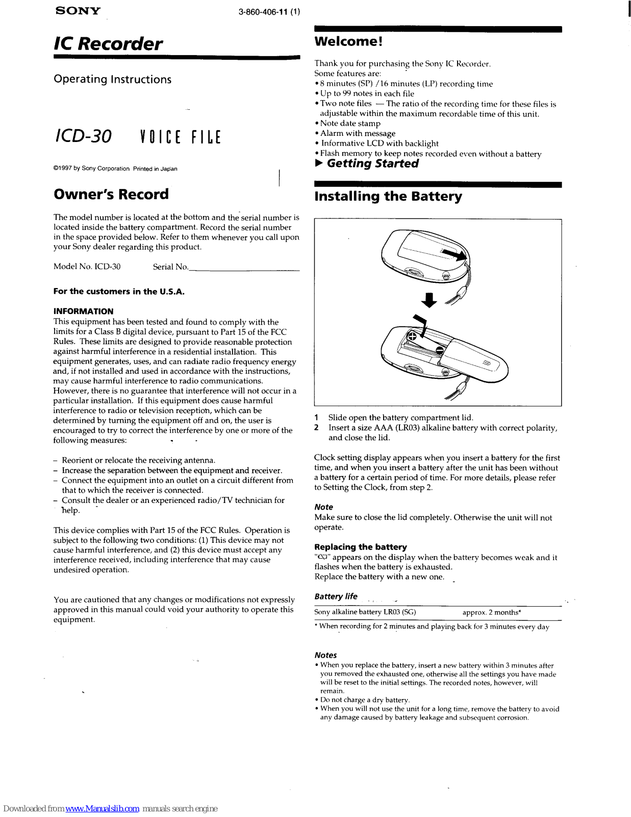 Sony ICD-30 Primary Operating Instructions Manual