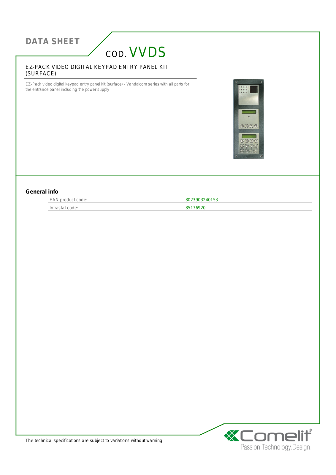 Comelit VVDS Specsheet