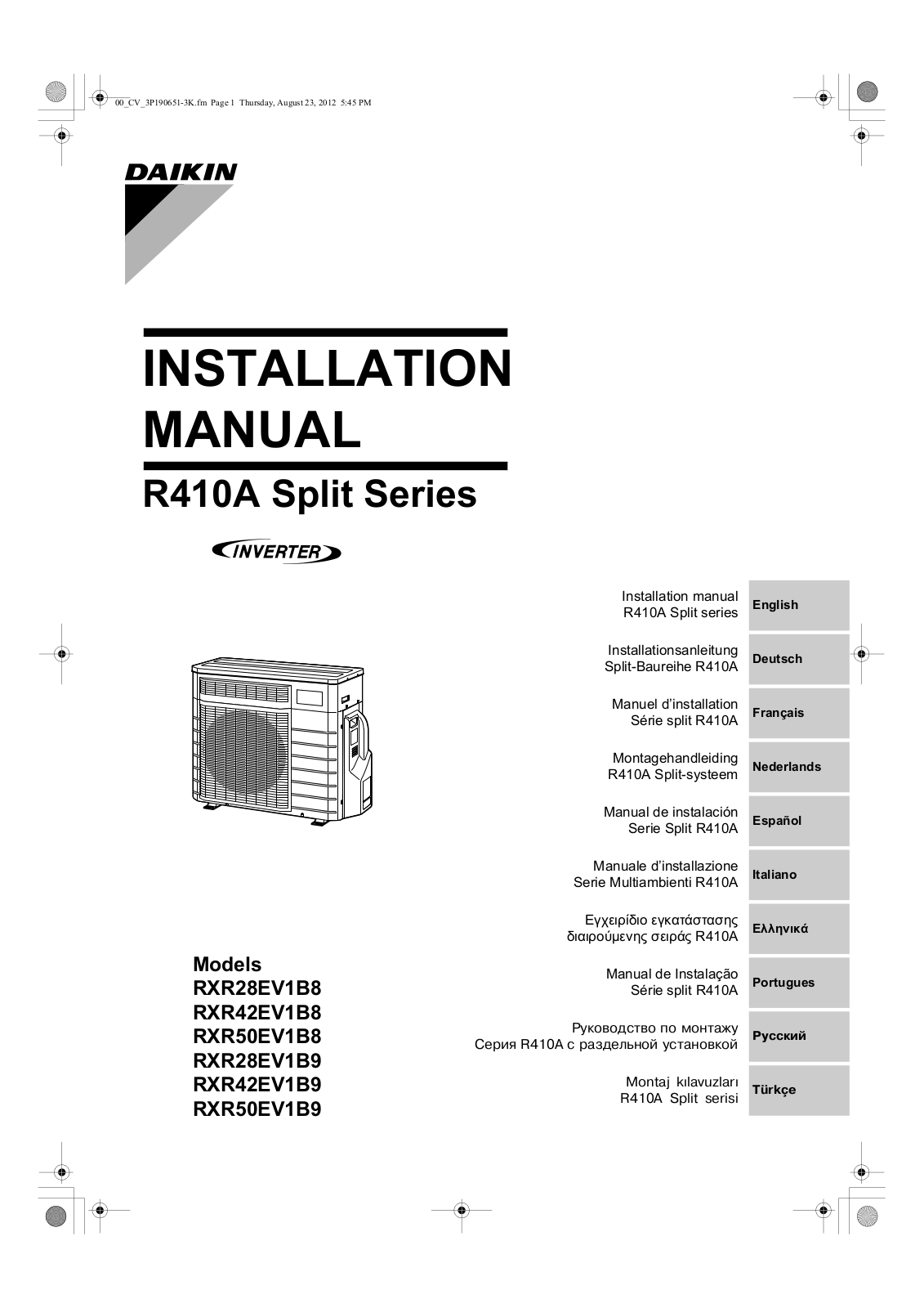 Daikin RXR28EV1B8, RXR42EV1B8, RXR50EV1B8, RXR28EV1B9, RXR42EV1B9 Installation manuals