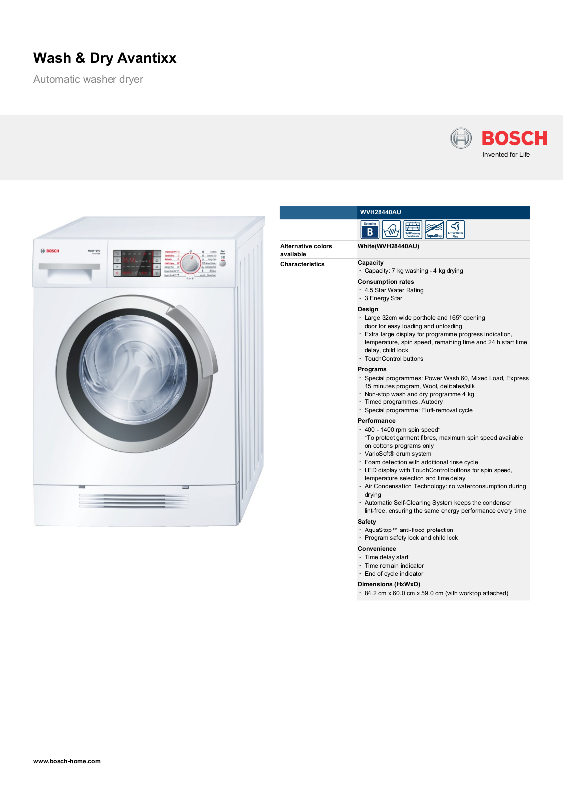 Bosch WVH28440AU Product Sheet