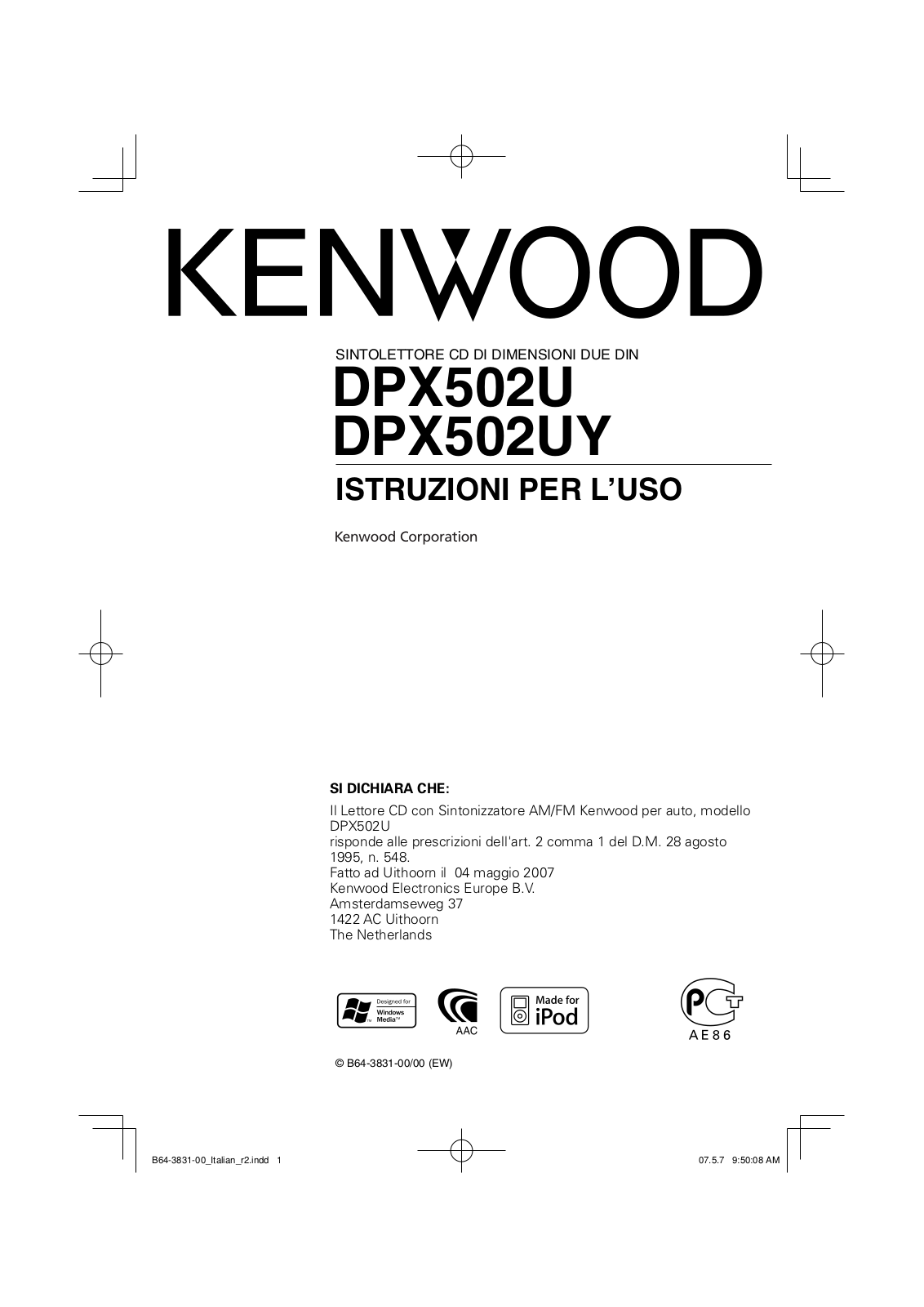 Kenwood DPX502UY, DPX502U User Manual