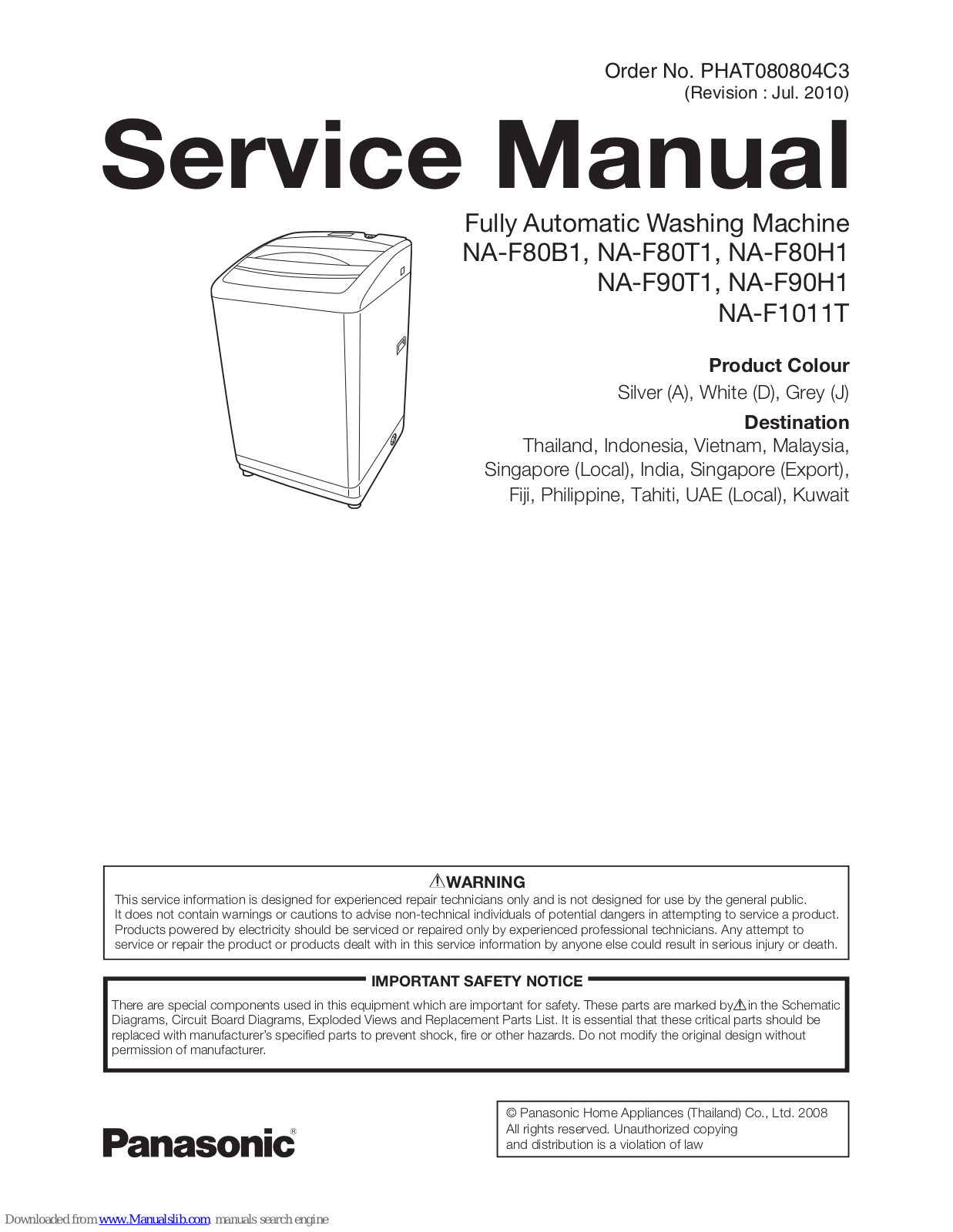 Panasonic NA-F80H, NA-F90T1, NA-F80B1, NA-F80T1, NA-F90H1 Service Manual