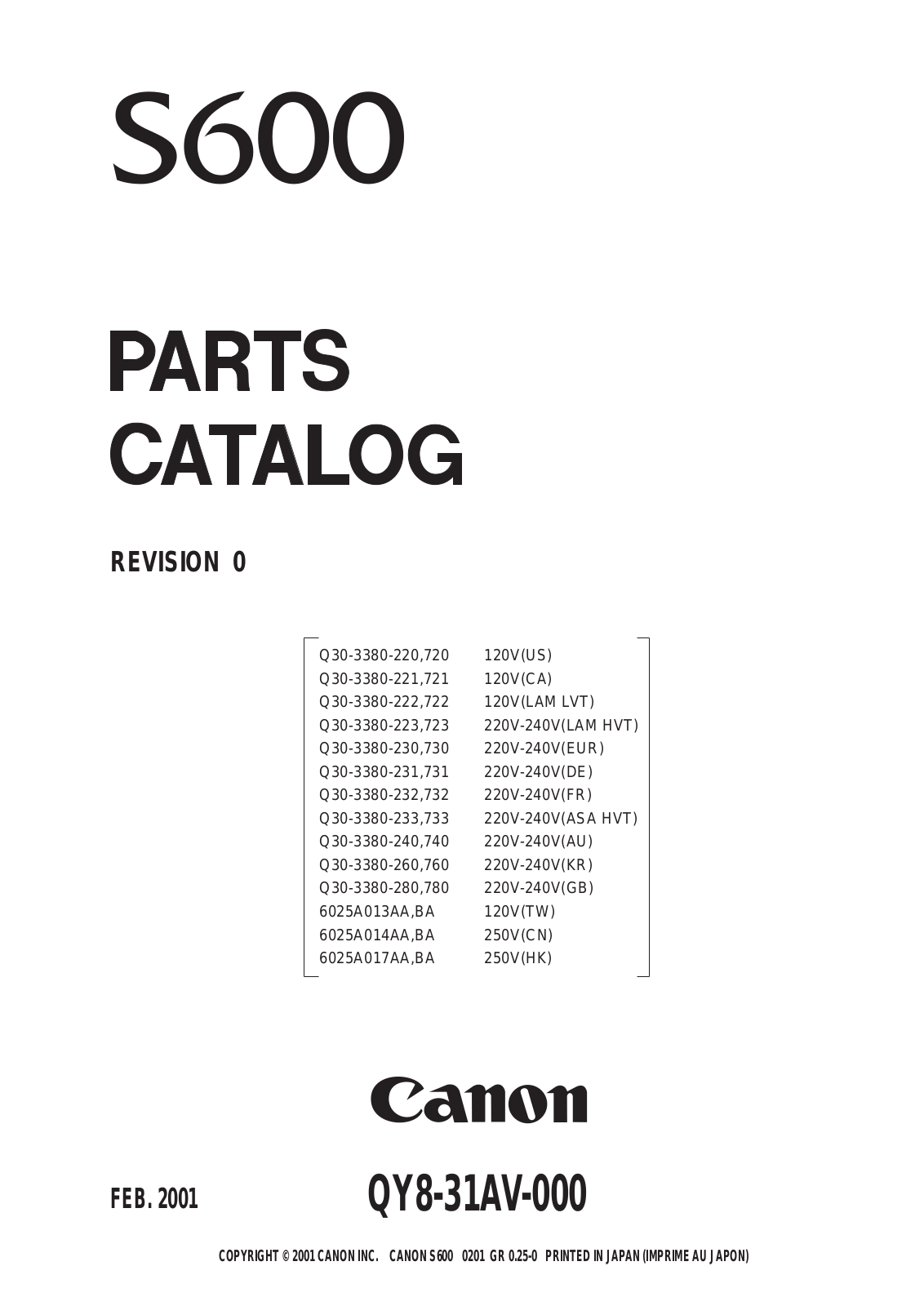 Canon S600 Parts List