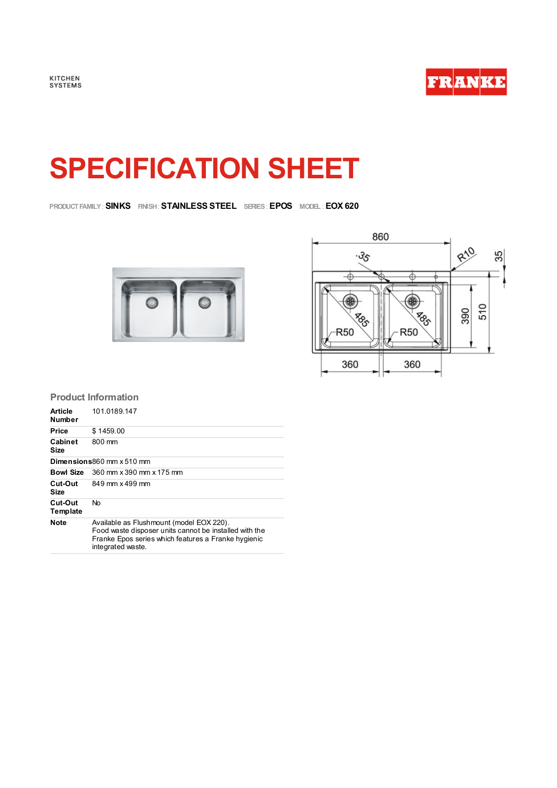 Franke Foodservice EOX 620 Specification