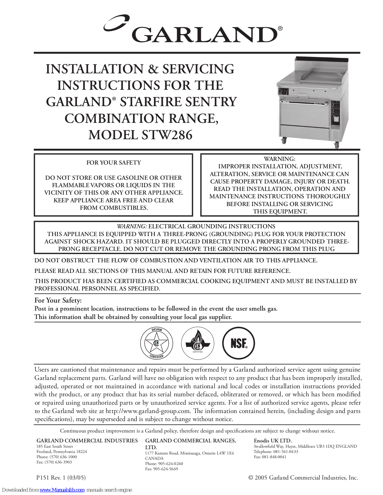 Garland STARFIRE SENTRY STW286 Installation & Servicing Instructions Manual