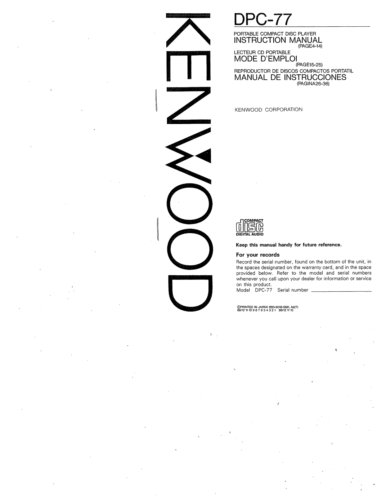 Kenwood DPC-77 Owner's Manual