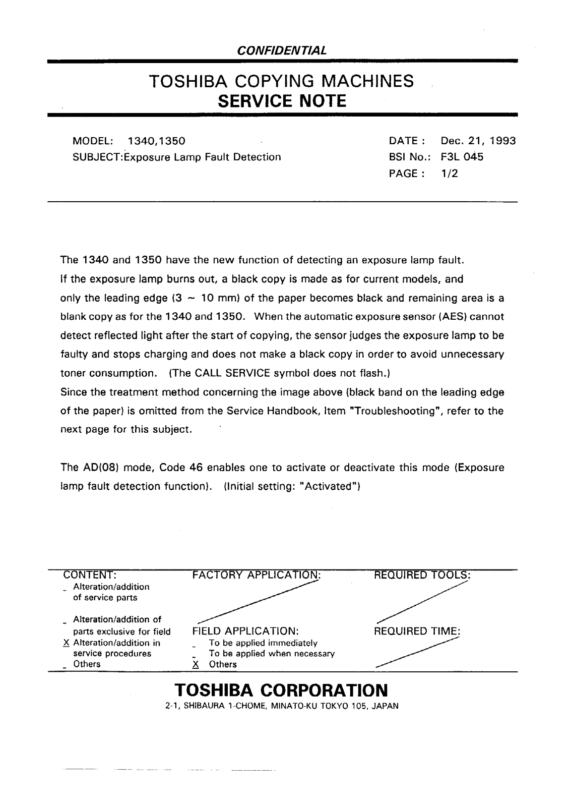 Toshiba f3l045 Service Note