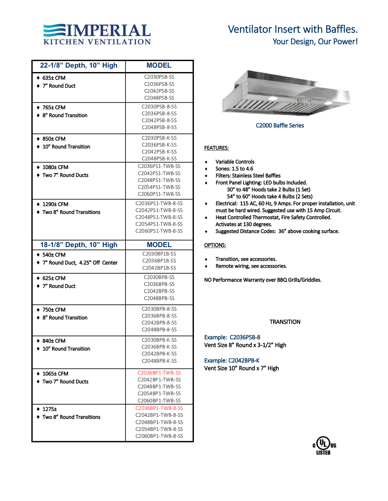 Imperial C2036BP1TWBSS, C2036BP1TWB8SS Specifications