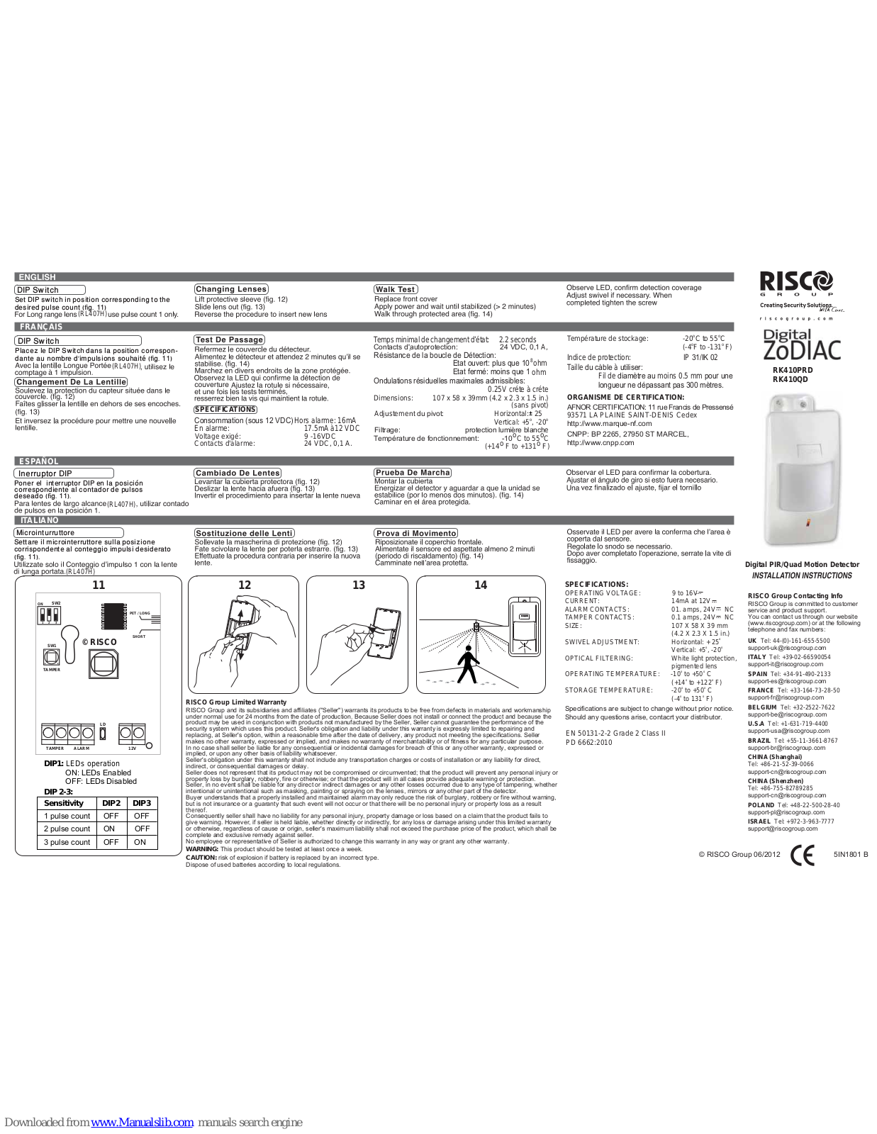 Risco Digital ZoDIAC RK410PRD, Digital ZoDIAC RK410QD Installation Instructions Manual