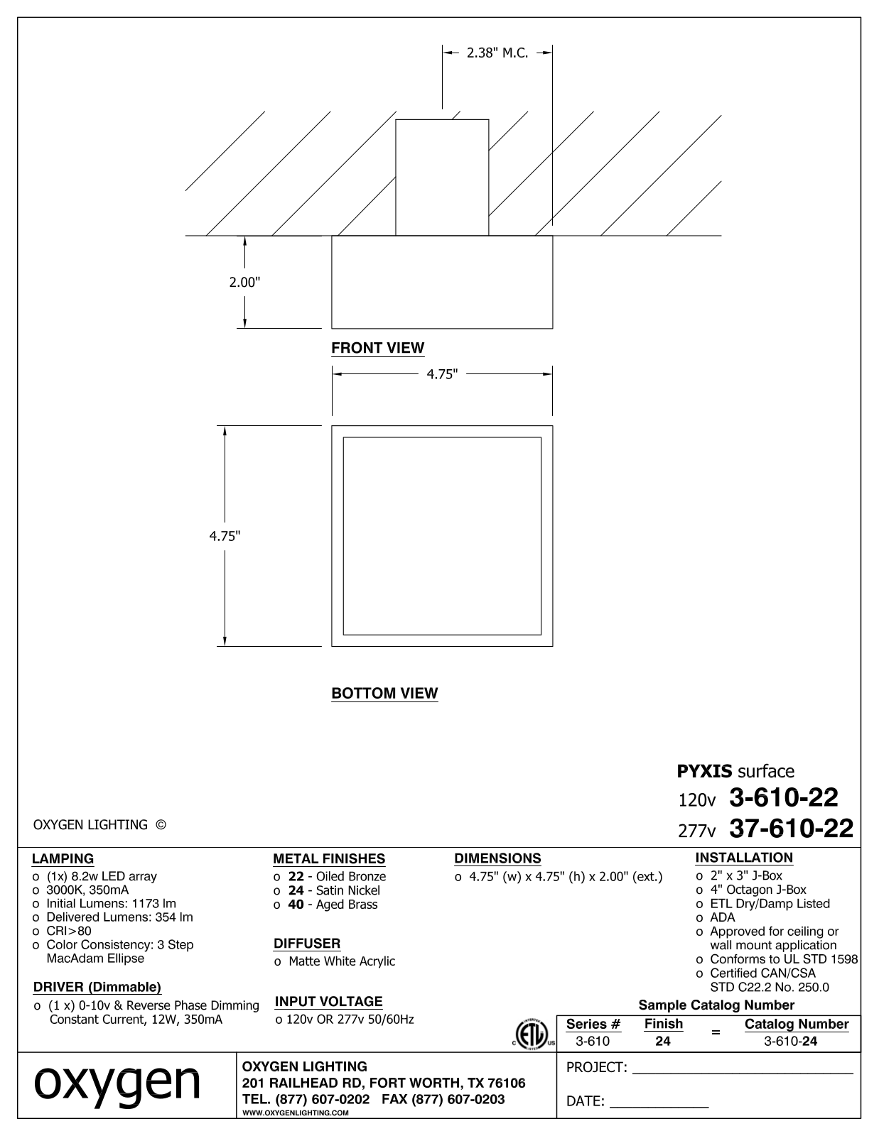 Oxygen Lighting OXGN1255 Specifications - ManualMachine.com