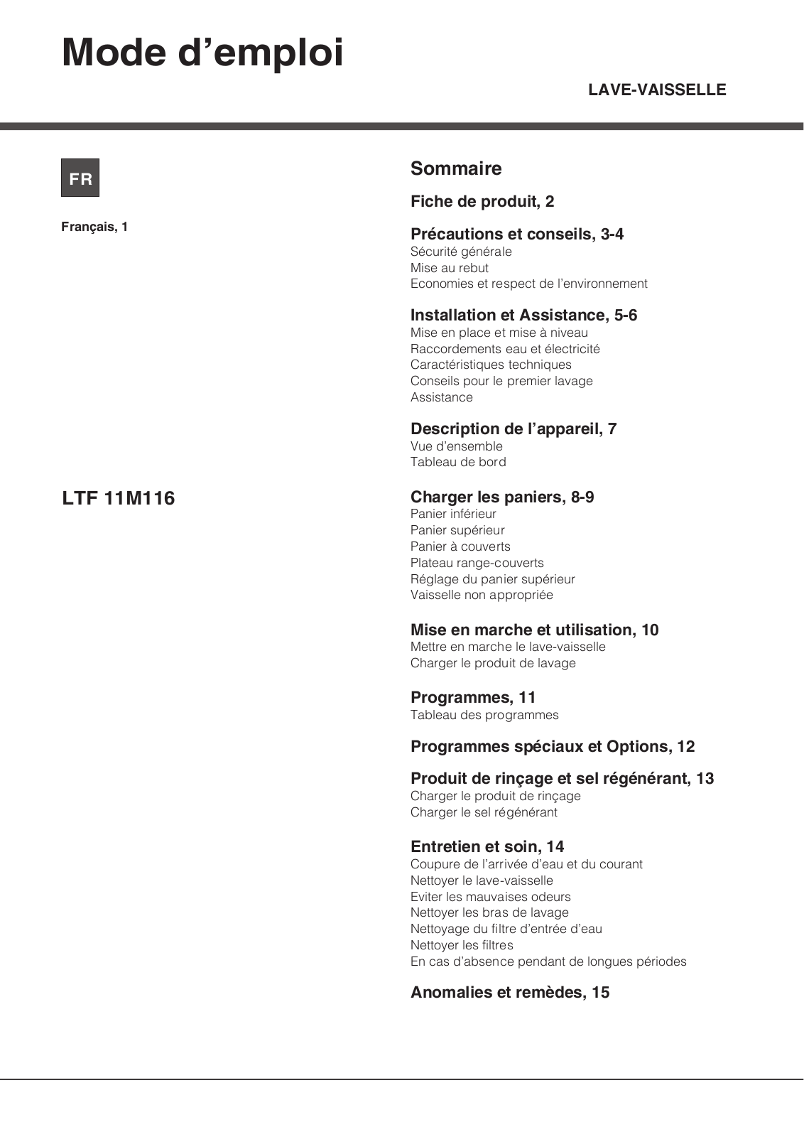 HOTPOINT LTF 11M116 EU User Manual