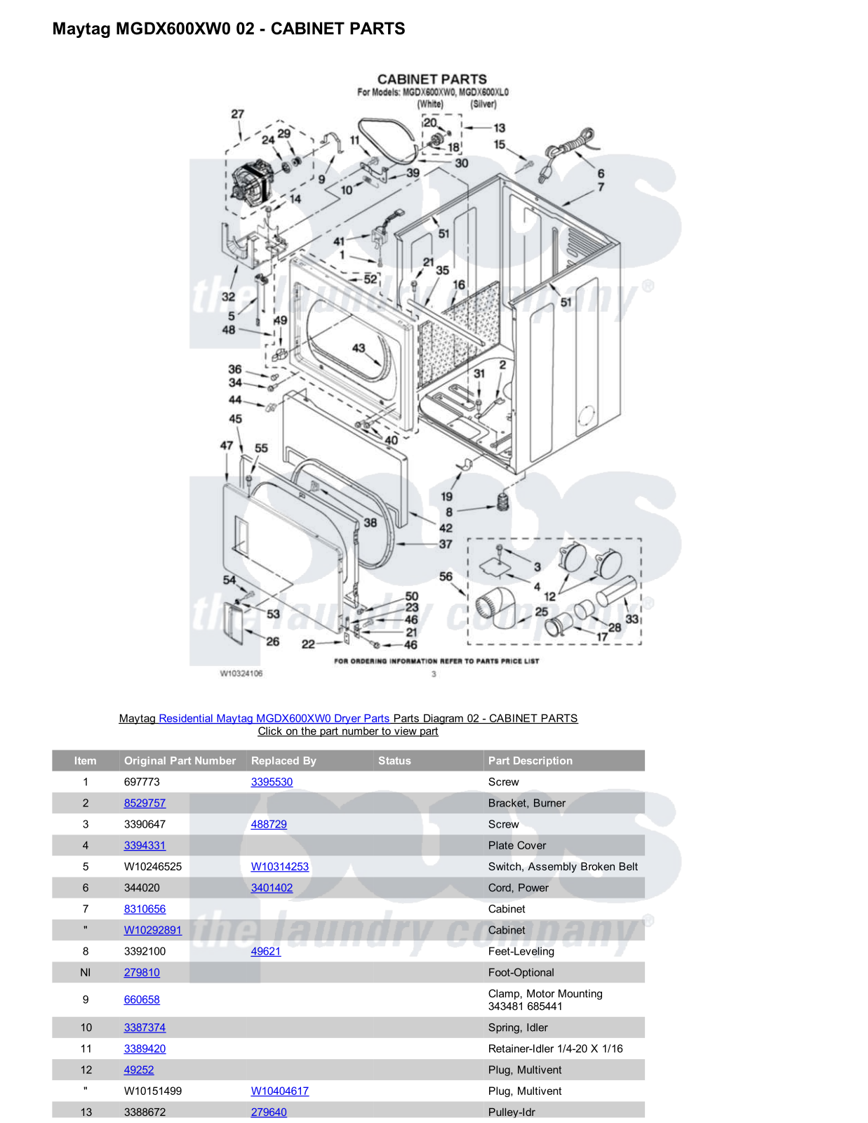 Maytag MGDX600XW0 Parts Diagram