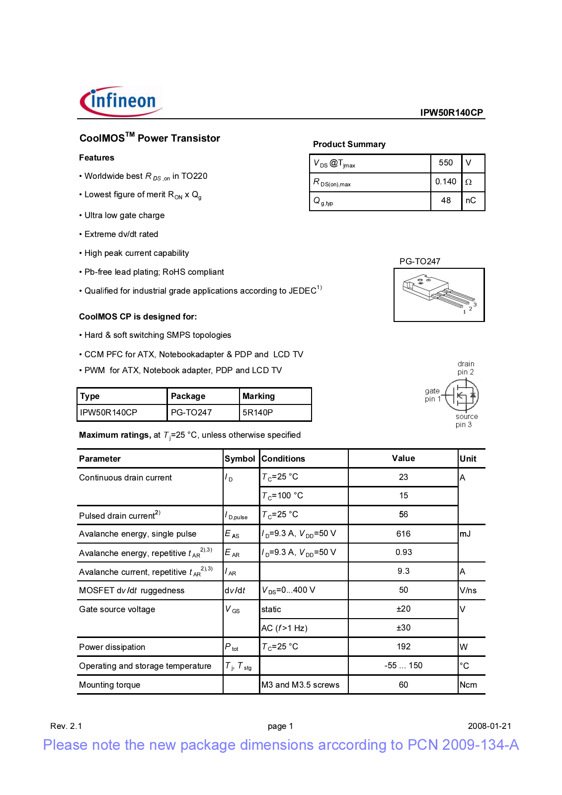 Datasheet ipw50r140cp_rev2[1].1_pcn Datasheet - ManualMachine.com