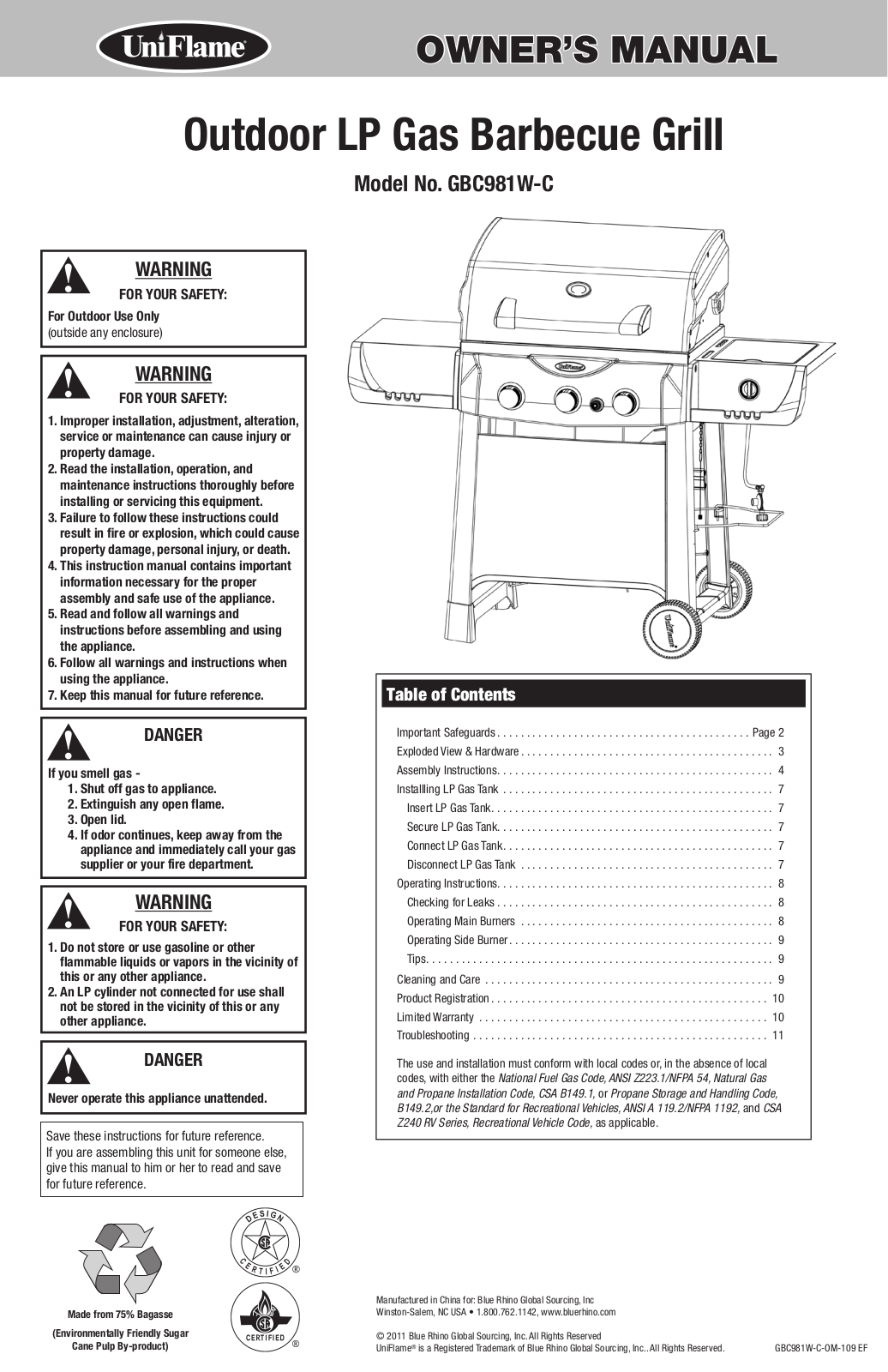 Uniflame GBC981W-C User Manual