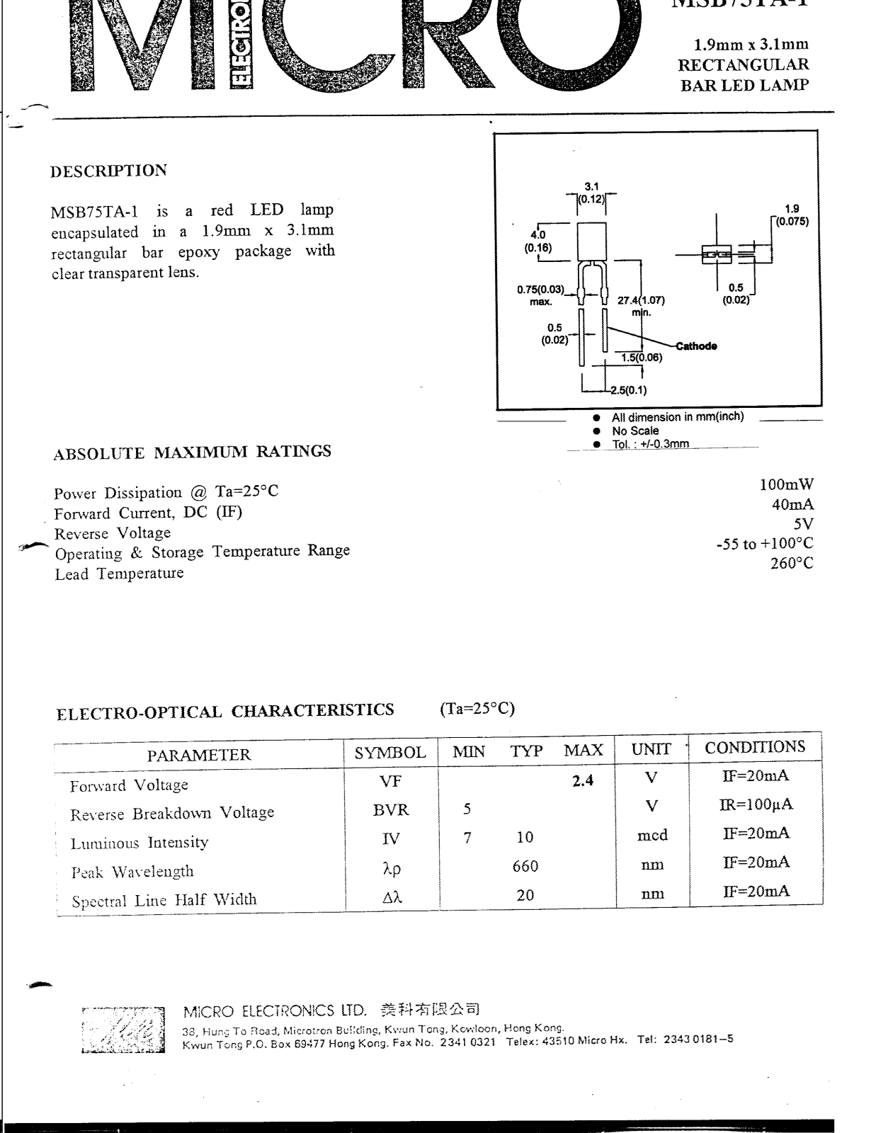 MICRO MSB75TA-1 Datasheet