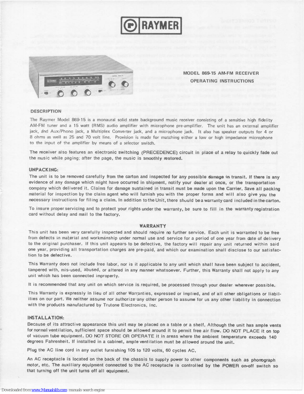 Raymer AM-FM Receiver 869-15, 869-15 Operating Instructions Manual