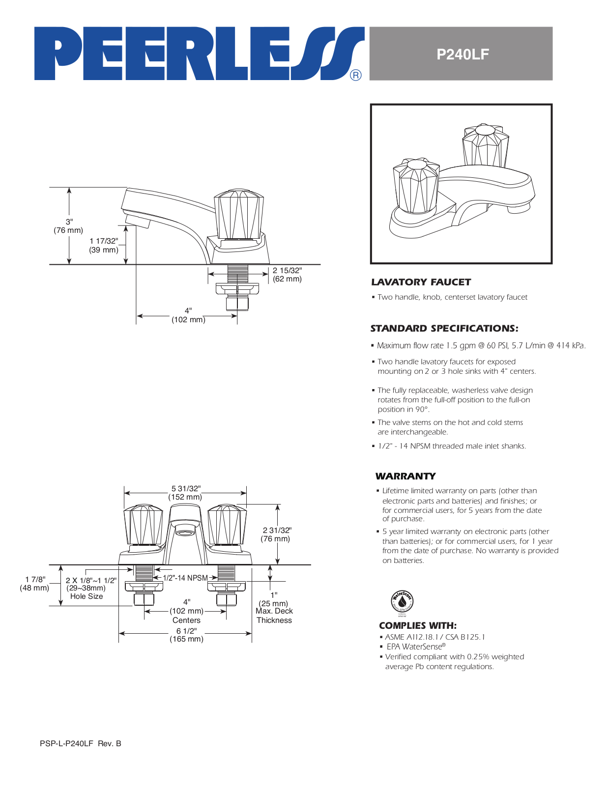 Peerless Faucets PEY1088 Specifications - ManualMachine.com
