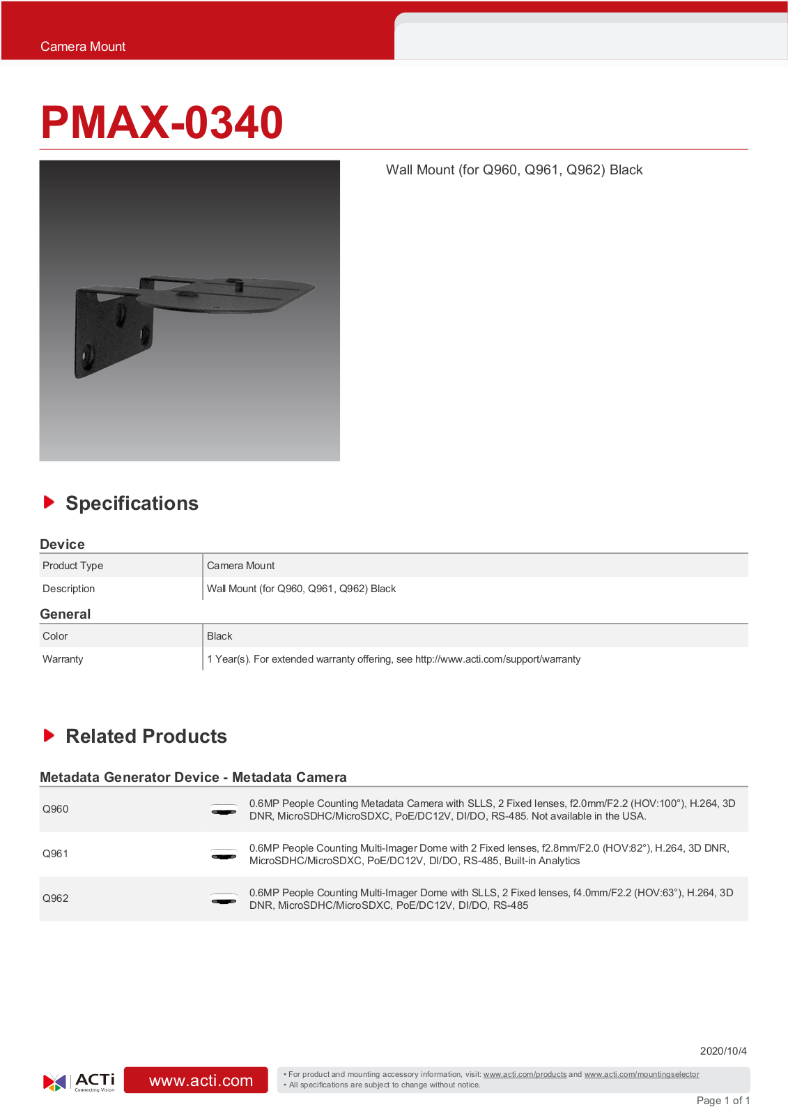 ACTi PMAX-0340 Specsheet