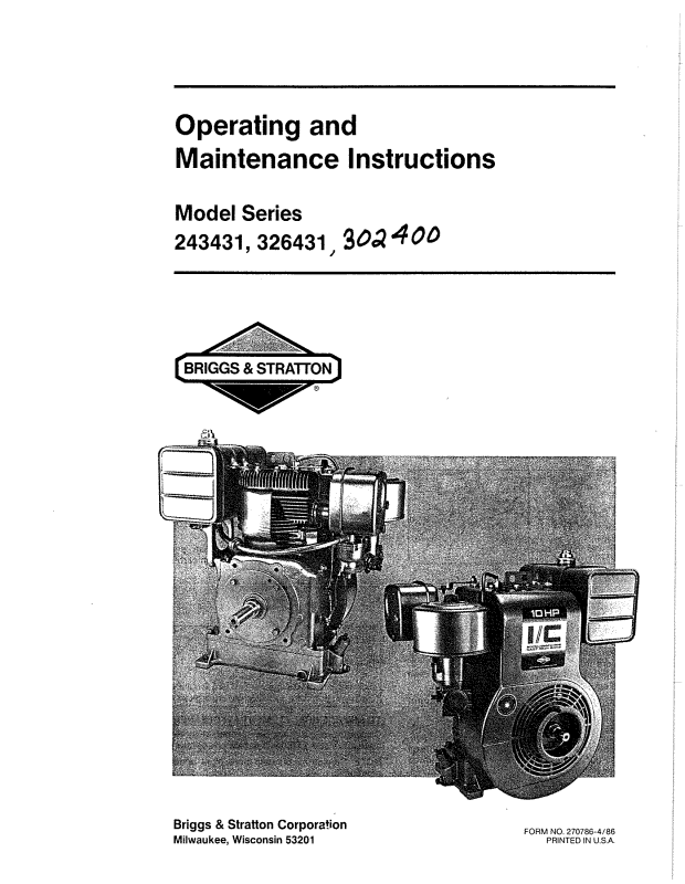 Briggs & Stratton 326431, 302400, 243431 User Manual