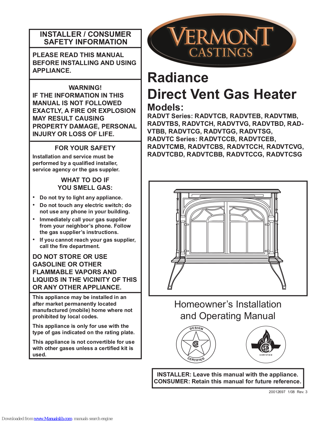 Vermont Castings Radiance RADVTCH, Radiance RADVTEB, Radiance RADVTVG, Radiance RADVTBD, Radiance RADVTBB Homeowner's Installation And Operating Manual