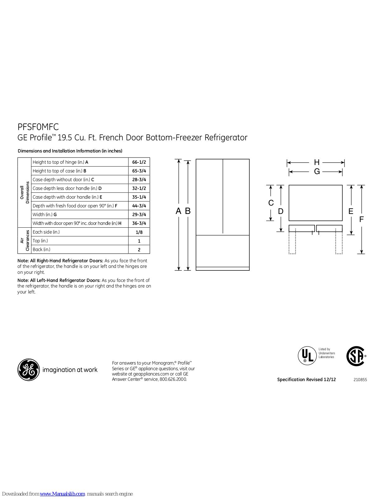 GE PFSF0MFCBB, PFSF0MFCWW, Profile PFSF0MFC Dimensions And Installation Information