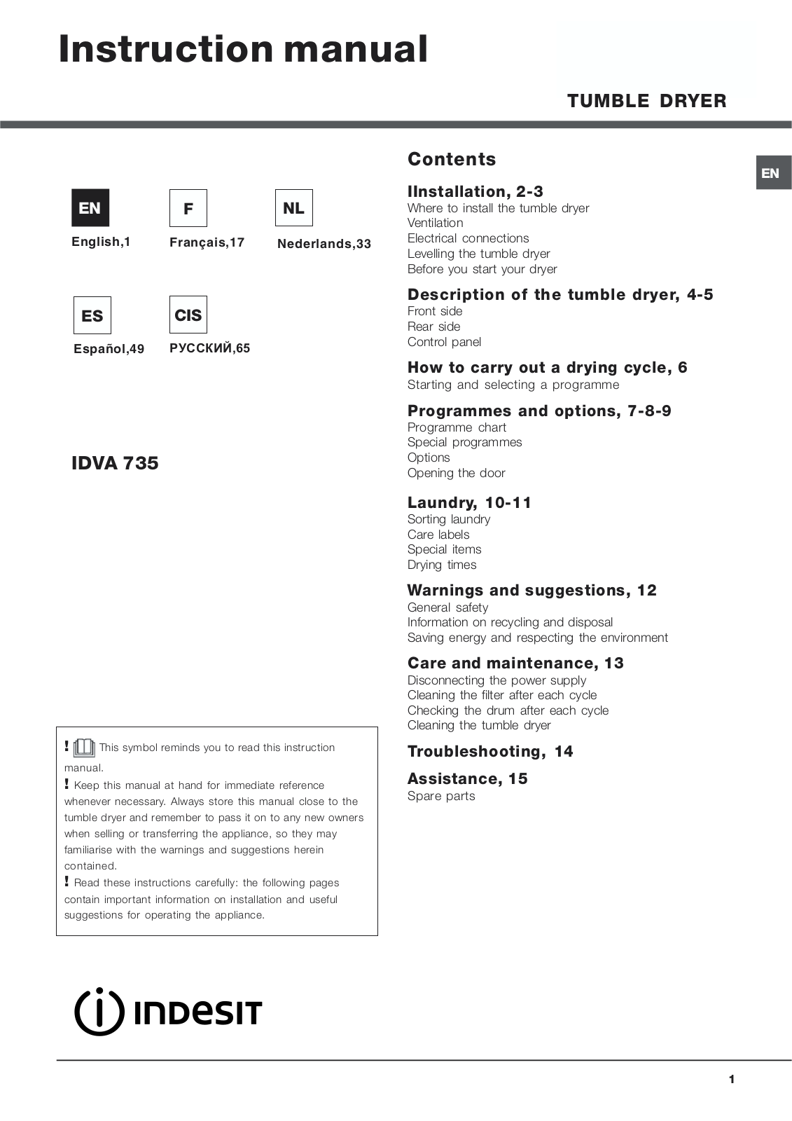 Indesit IDVA 735 User Manual