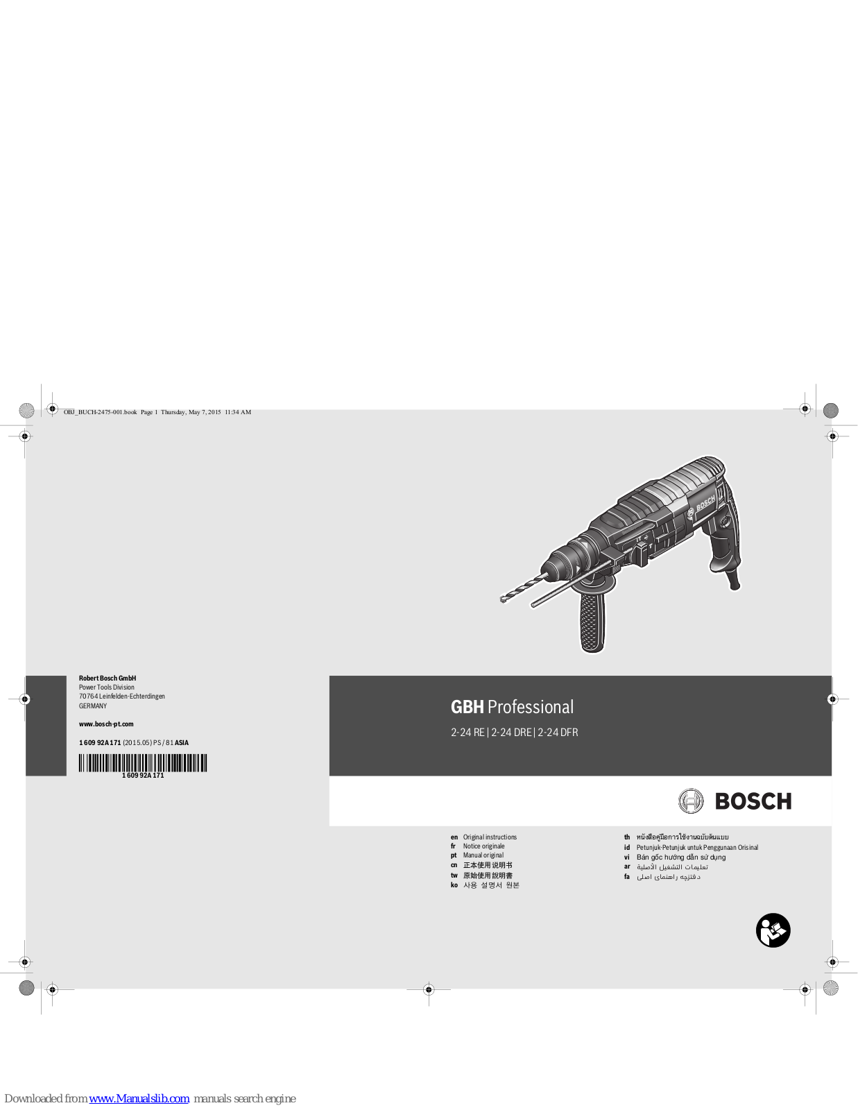 Bosch GBH Professional 2-24 RE, GBH Professional 2-24 DRE, GBH Professional 2-24 DFR Original Instructions Manual