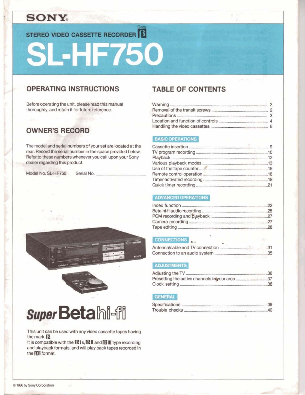 Sony slhf750 Owners Manual