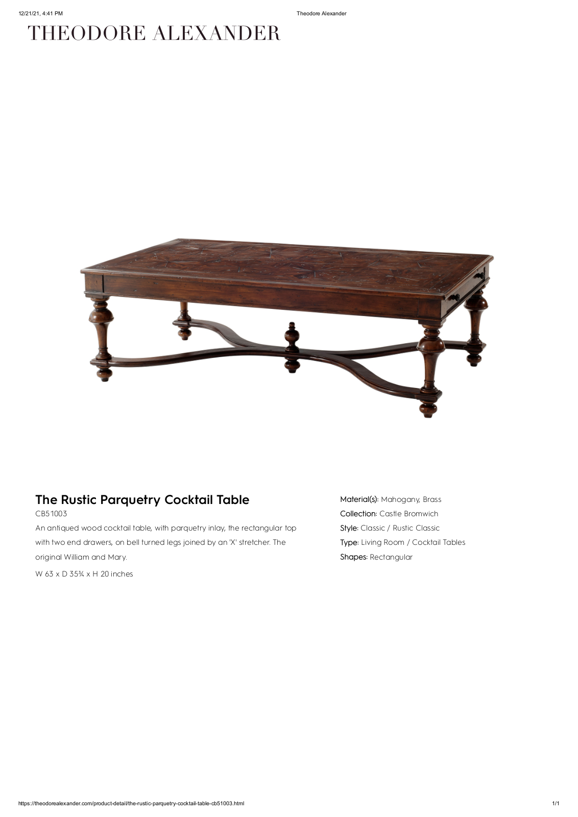 Theodore Alexander FPLJ1274 Specifications - ManualMachine.com