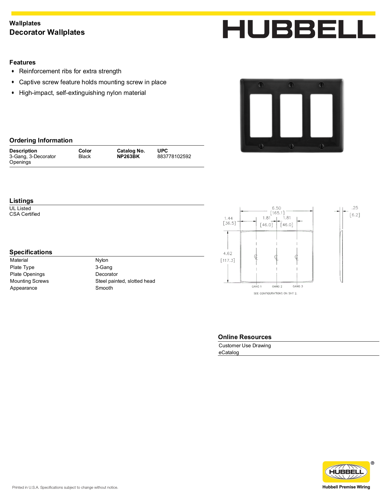 Hubbell NP263BK Specifications